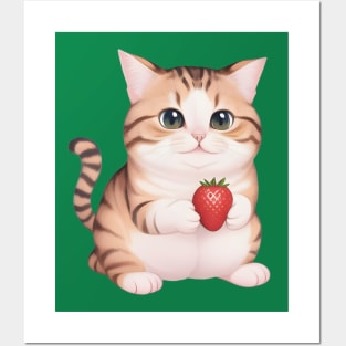 Cute Cat Holding a Strawberry Posters and Art